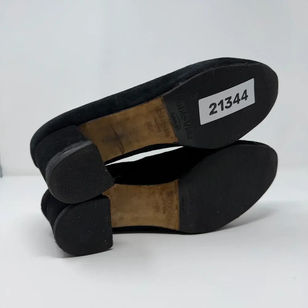 Kate Spade Black Suede Block Heel Pumps 9.5 Gold Stud